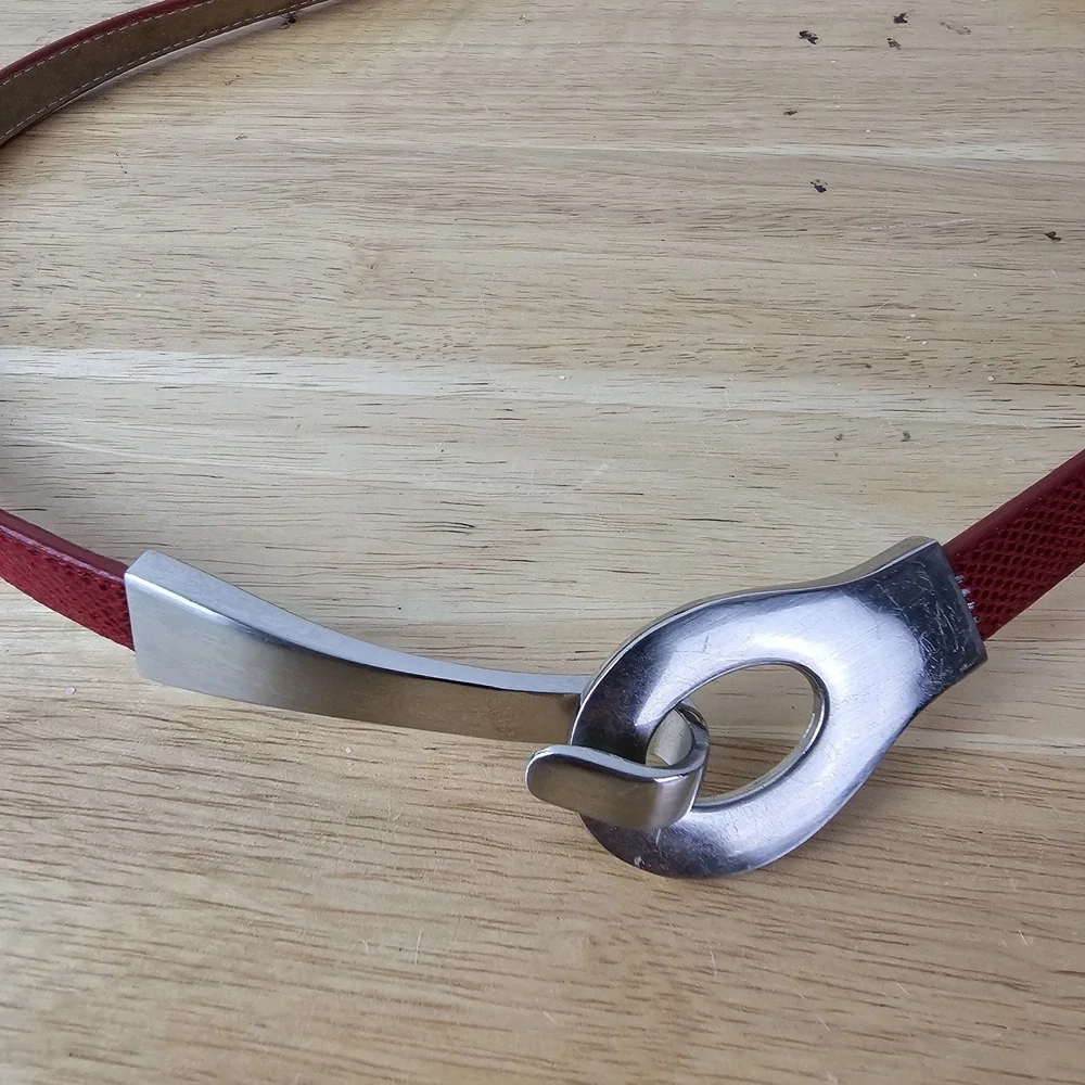 Unbranded Womens 36 Belt‎ Red Leather Snake Print Skinny Hook Buckle Fashion